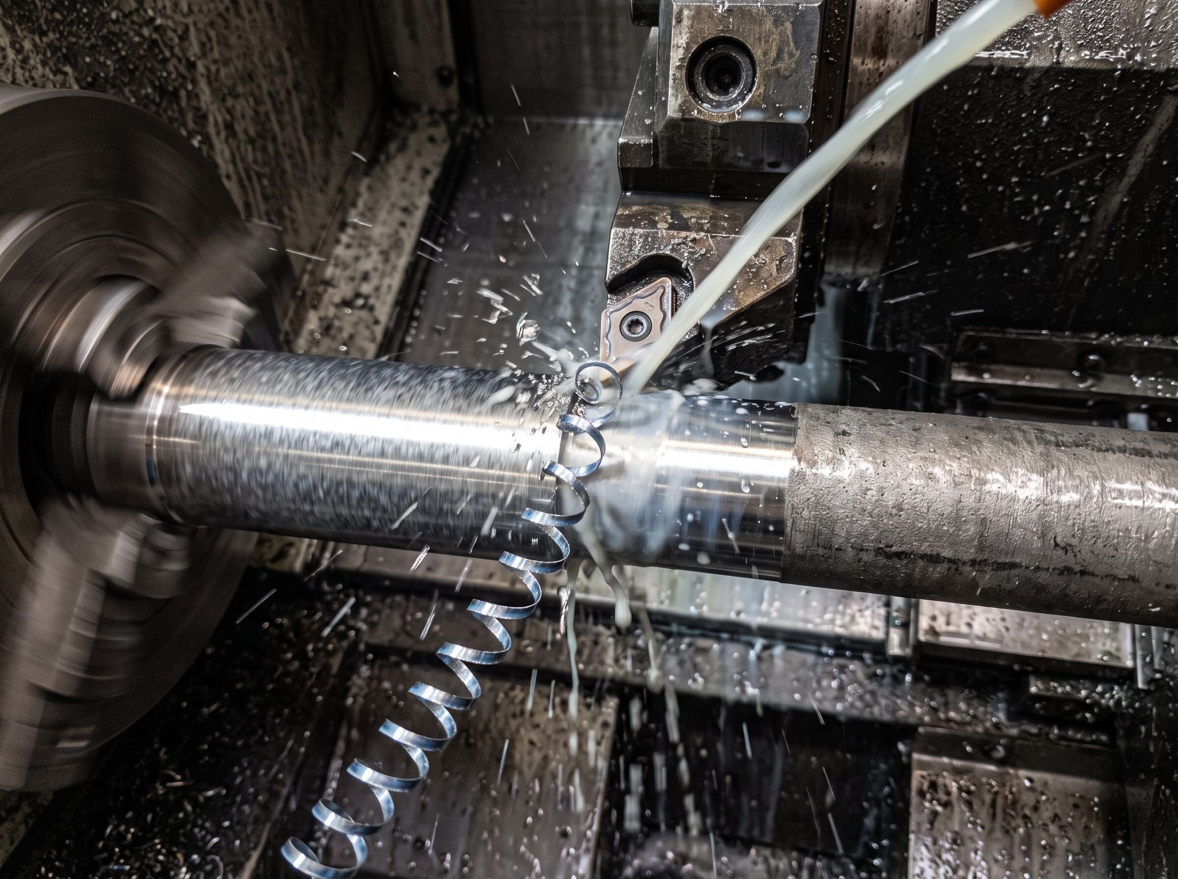 CNC tornada bir mil işlenirken talaş spiral halinde kopuyor, soğutma sıvısı takıma akıyor.